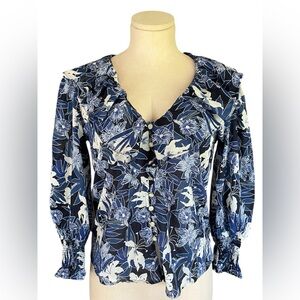 Ralph Lauren Navy Blue White Floral Button-Front Blouse